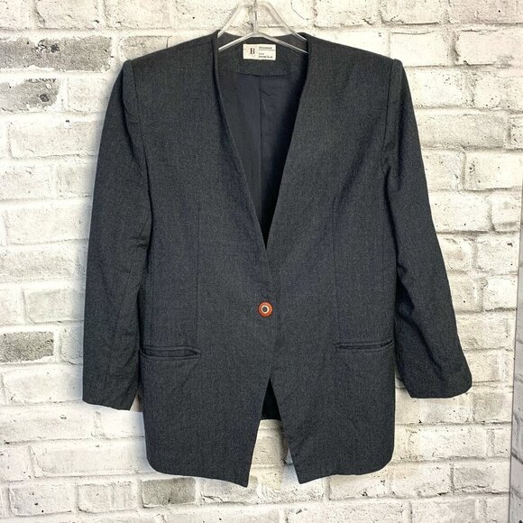 Vintage 100% Charcoal Black Wool Collarless One Button Blazer - Picture 1 of 14